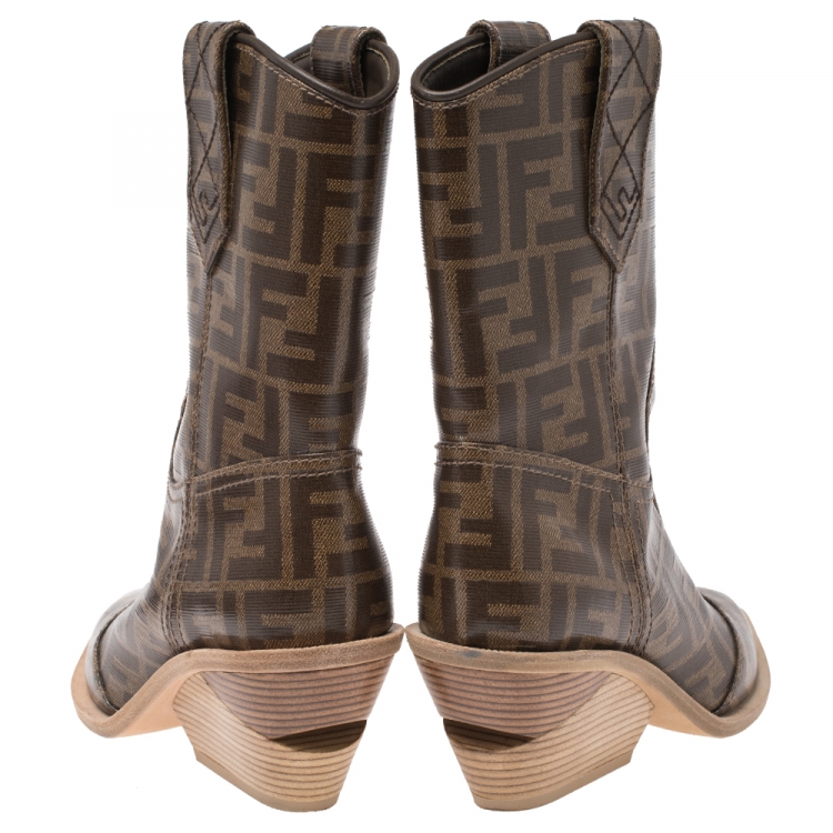 مملوكة مسبقًا Fendi Brown FF Logo Coated Canvas Wooden Heel Ankle Boots Size 36