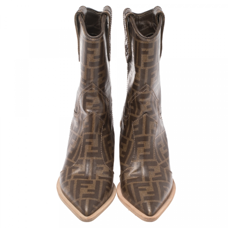 مملوكة مسبقًا Fendi Brown FF Logo Coated Canvas Wooden Heel Ankle Boots Size 36