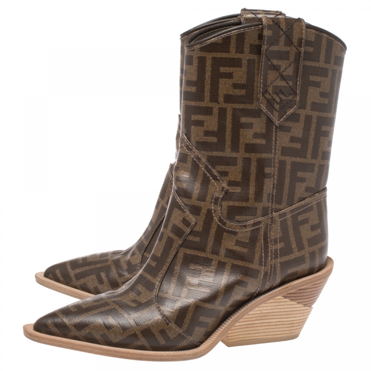 مملوكة مسبقًا Fendi Brown FF Logo Coated Canvas Wooden Heel Ankle Boots Size 36