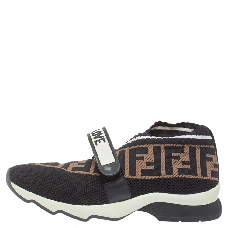 Pre Owned Fendi Black/Brown FF Rockoko Slip On Sneakers Size 37