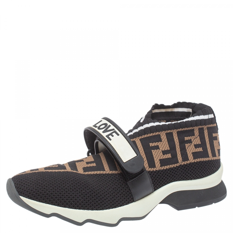 Pre Owned Fendi Black/Brown FF Rockoko Slip On Sneakers Size 37