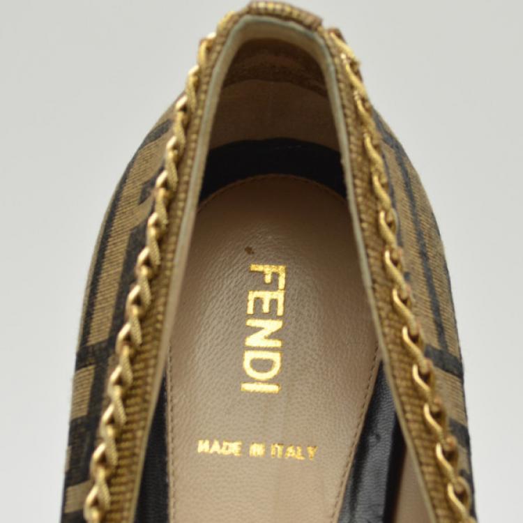 Pre Owned Fendi Gold Zucca Canvas & Chain Link Trim Flats Size 38