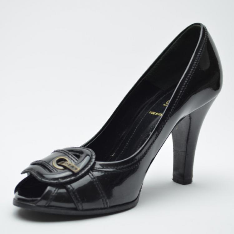 Pre Owned Fendi Black Patent Buckle Peep Toe Pumps Size 37.5
