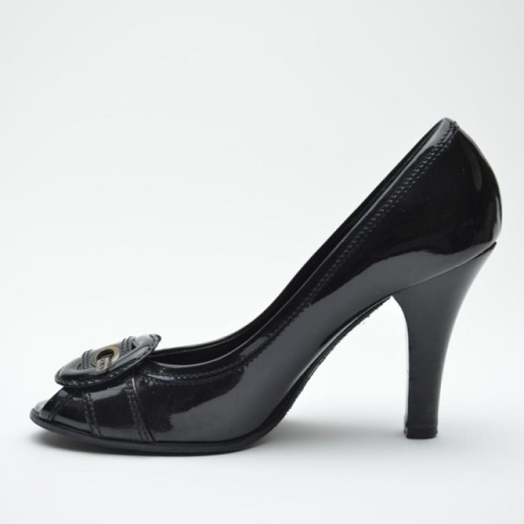 Pre Owned Fendi Black Patent Buckle Peep Toe Pumps Size 37.5