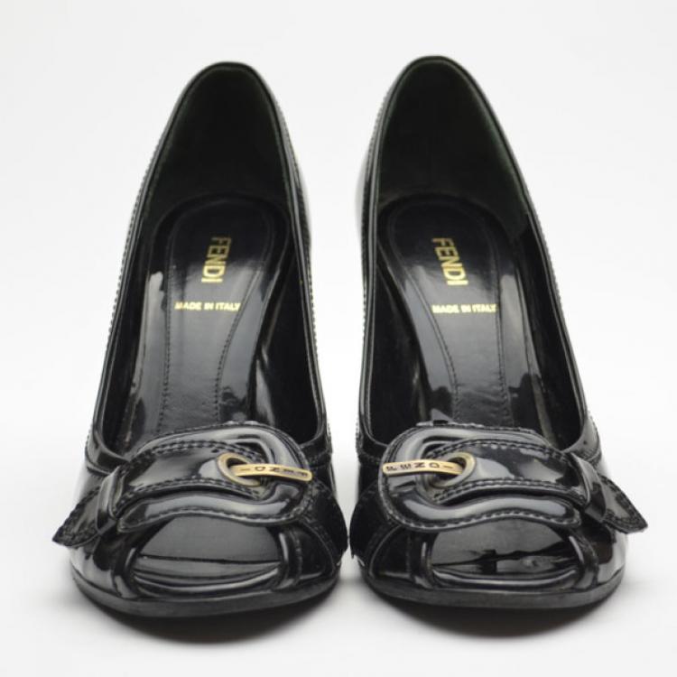 Pre Owned Fendi Black Patent Buckle Peep Toe Pumps Size 37.5
