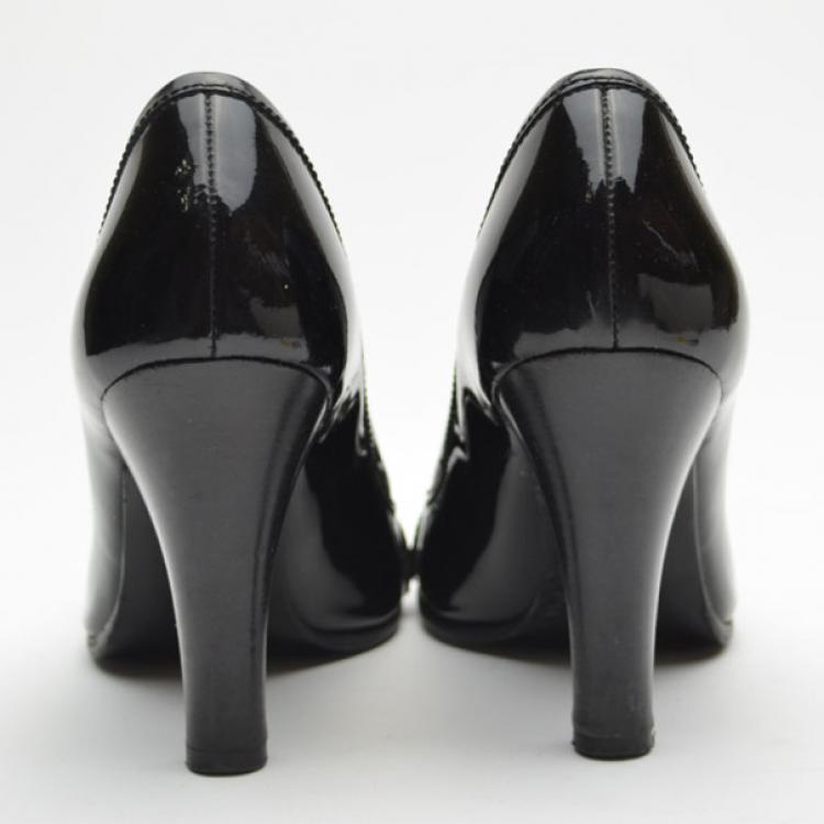 Pre Owned Fendi Black Patent Buckle Peep Toe Pumps Size 37.5
