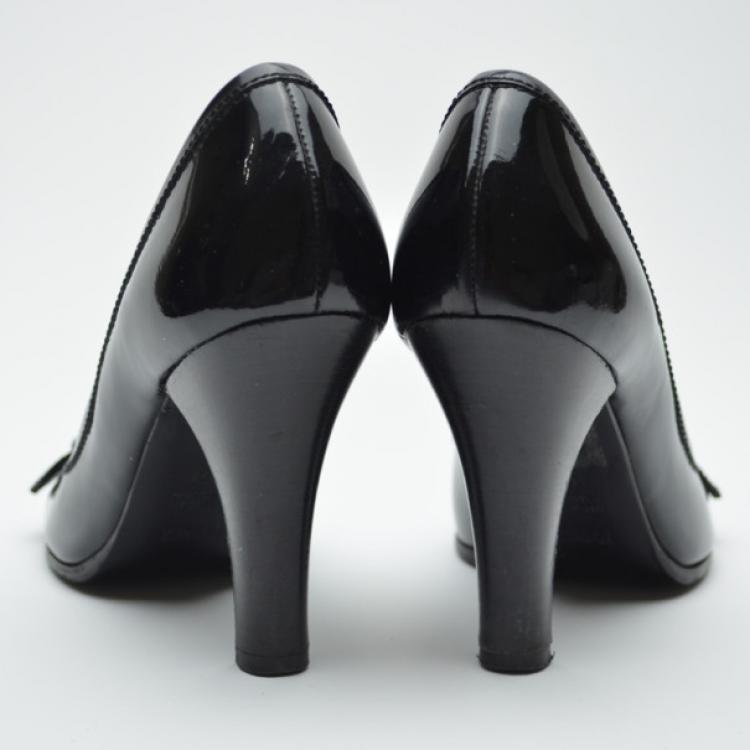 Pre Owned Fendi Black Patent Buckle Peep Toe Pumps Size 37.5