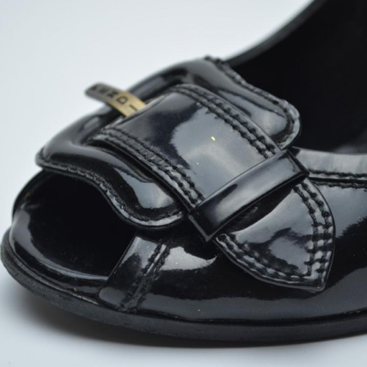 Pre Owned Fendi Black Patent Buckle Peep Toe Pumps Size 37.5