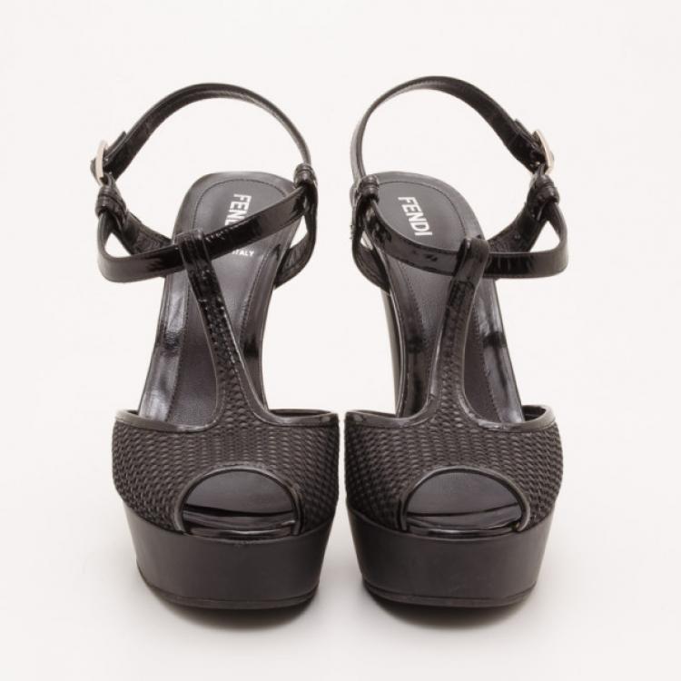 Pre Owned Fendi Black Perforated T-Strap Platform Sandals Size 37.5