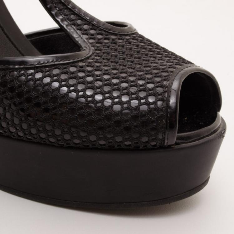 Pre Owned Fendi Black Perforated T-Strap Platform Sandals Size 37.5