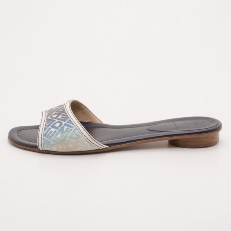 Pre Owned Fendi Blue Gradient Logo Flat Slides Size 38