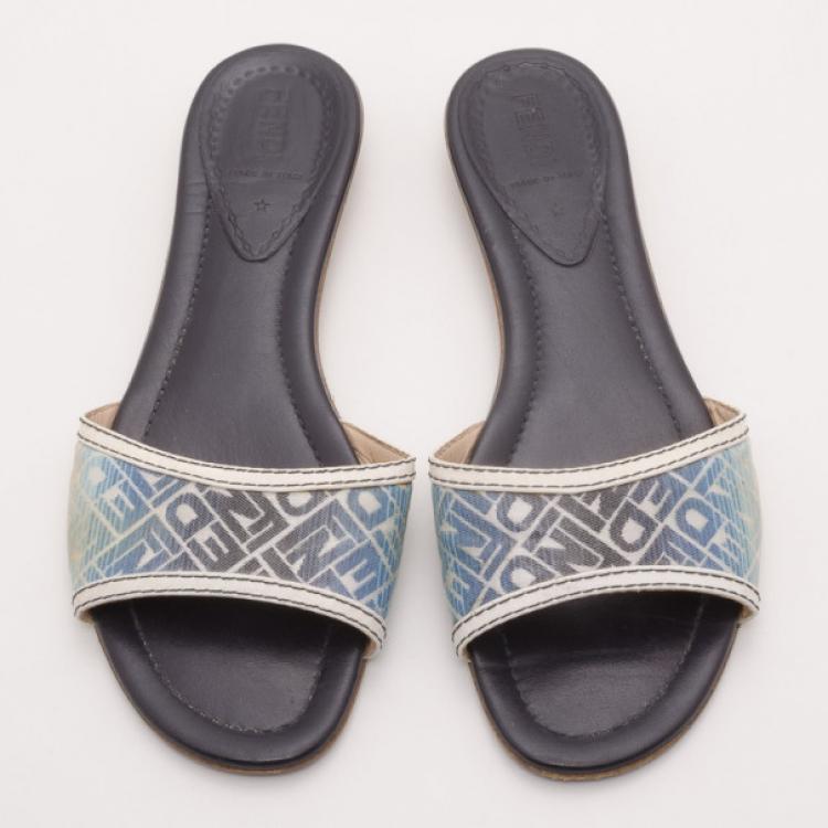 Pre Owned Fendi Blue Gradient Logo Flat Slides Size 38