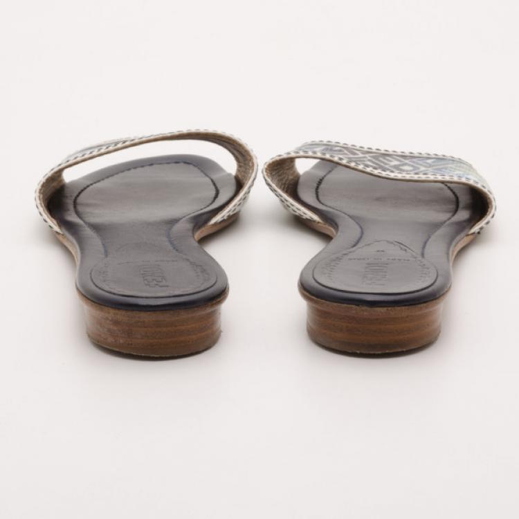 Pre Owned Fendi Blue Gradient Logo Flat Slides Size 38