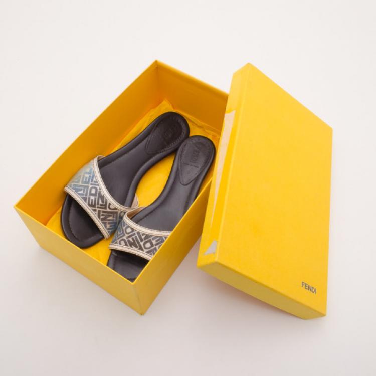 Pre Owned Fendi Blue Gradient Logo Flat Slides Size 38