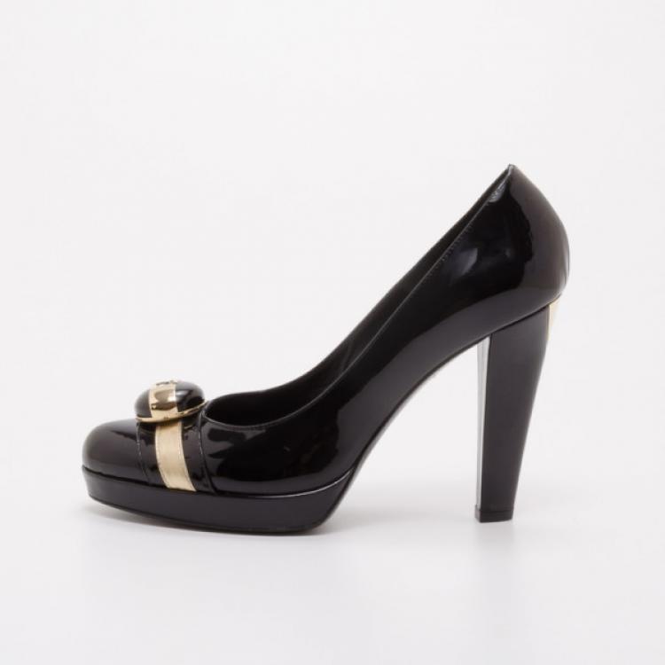 Pre Owned Fendi Button Detail Black and Gold Patent Pumps Size 38.5