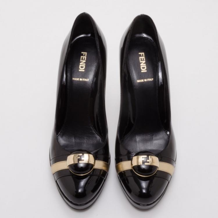 Pre Owned Fendi Button Detail Black and Gold Patent Pumps Size 38.5