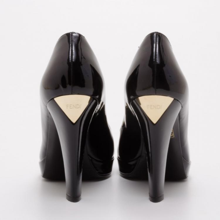 Pre Owned Fendi Button Detail Black and Gold Patent Pumps Size 38.5