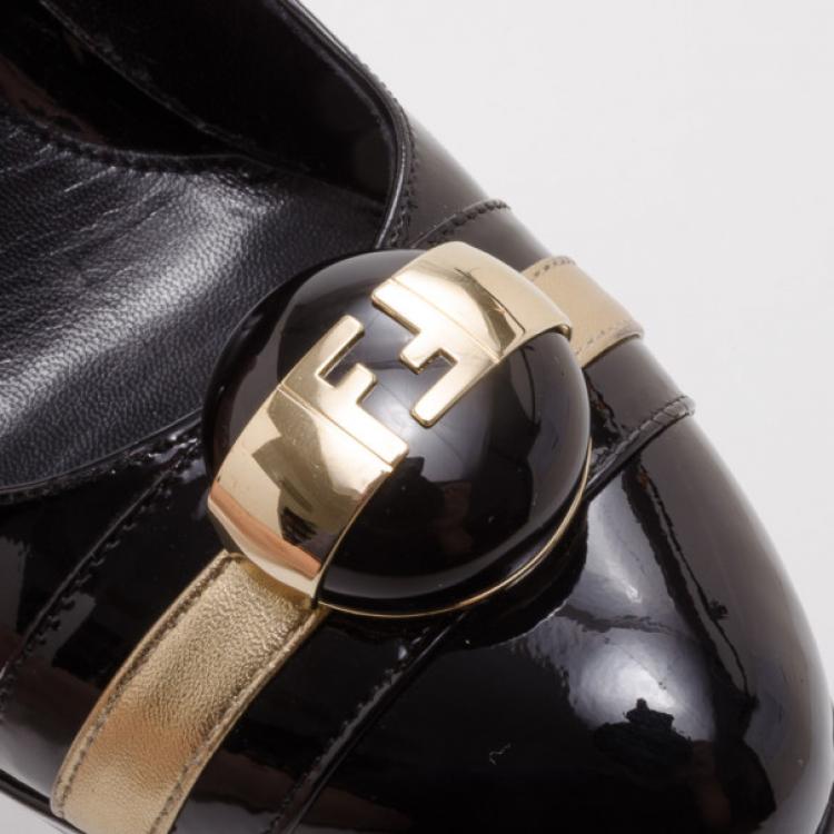 Pre Owned Fendi Button Detail Black and Gold Patent Pumps Size 38.5