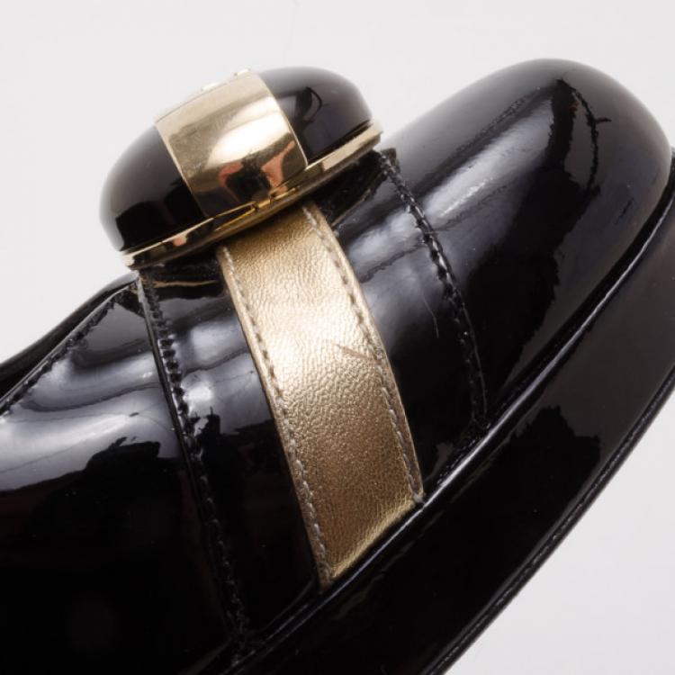 Pre Owned Fendi Button Detail Black and Gold Patent Pumps Size 38.5