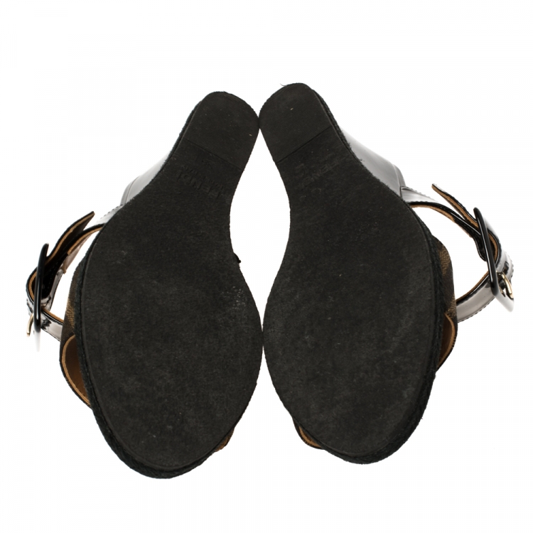 Pre Owned Fendi Black Patent Leather and Tobacco Zucca Canvas Demi Wedge Slides Size 38