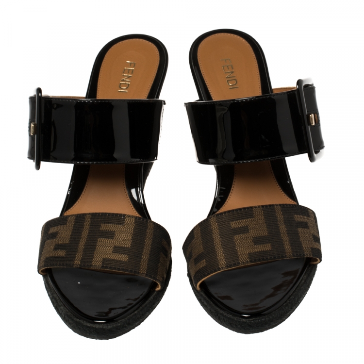 Pre Owned Fendi Black Patent Leather and Tobacco Zucca Canvas Demi Wedge Slides Size 38