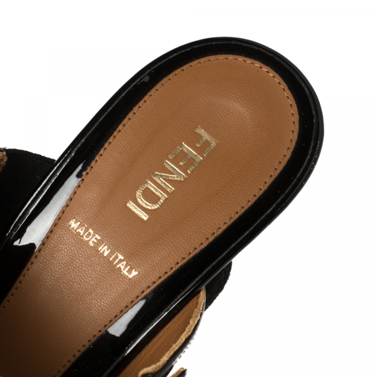 Pre Owned Fendi Black Patent Leather and Tobacco Zucca Canvas Demi Wedge Slides Size 38