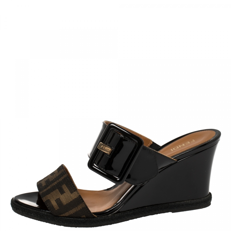 Pre Owned Fendi Black Patent Leather and Tobacco Zucca Canvas Demi Wedge Slides Size 38