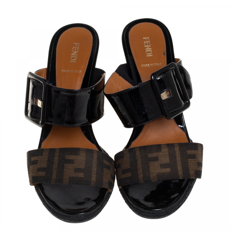 Pre Owned Fendi Brown/Black Zucca Canvas And Patent Wedge Sandals Size 40