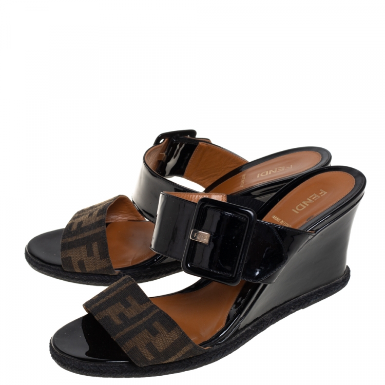 Pre Owned Fendi Brown/Black Zucca Canvas And Patent Wedge Sandals Size 40