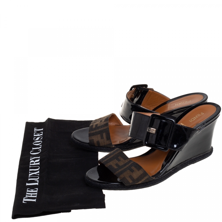 Pre Owned Fendi Brown/Black Zucca Canvas And Patent Wedge Sandals Size 40
