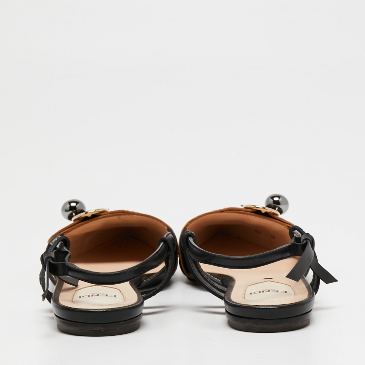 Pre Owned Fendi Black/Beige Leather Buckle Strap Slingback Pointed Sandals Size 37