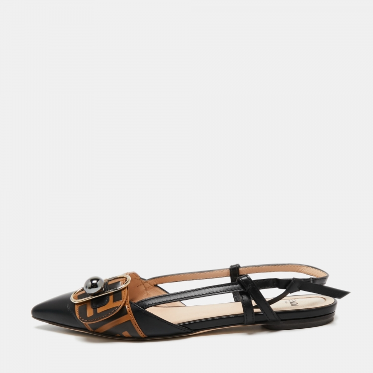 Pre Owned Fendi Black/Beige Leather Buckle Strap Slingback Pointed Sandals Size 37
