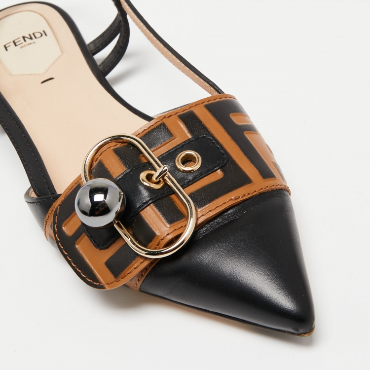 Pre Owned Fendi Black/Beige Leather Buckle Strap Slingback Pointed Sandals Size 37