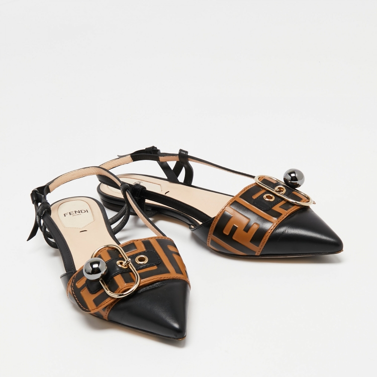 Pre Owned Fendi Black/Beige Leather Buckle Strap Slingback Pointed Sandals Size 37