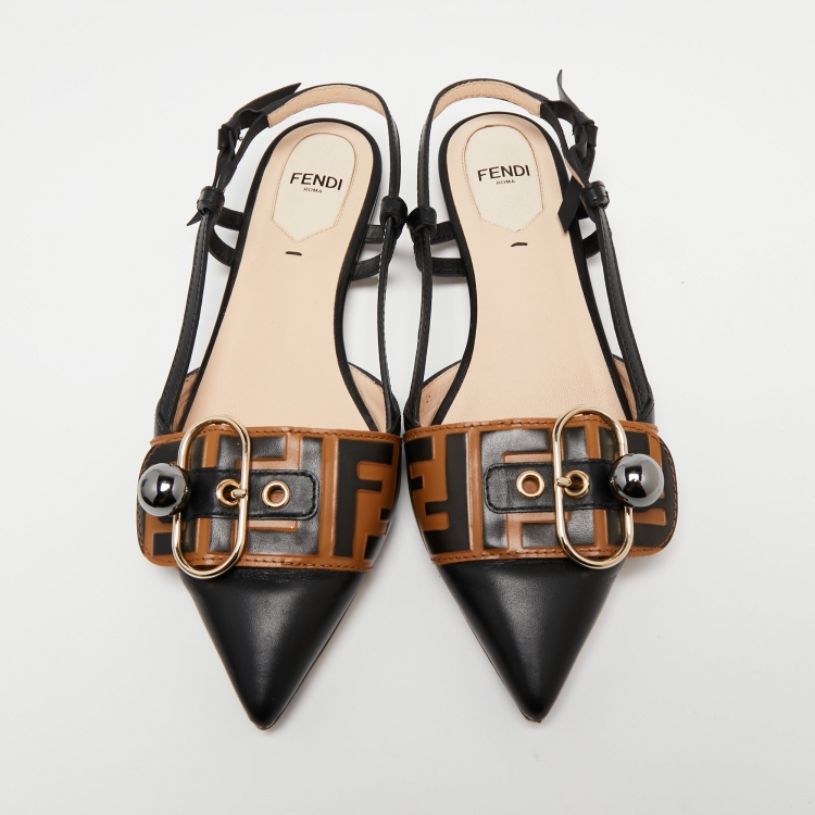 Pre Owned Fendi Black/Beige Leather Buckle Strap Slingback Pointed Sandals Size 37