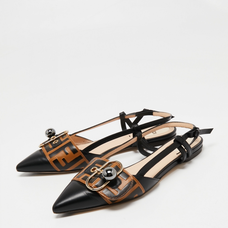 Pre Owned Fendi Black/Beige Leather Buckle Strap Slingback Pointed Sandals Size 37