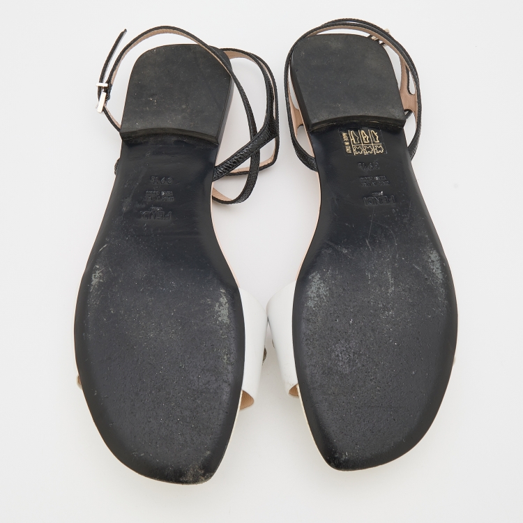 Pre Owned Fendi White/Black Lizard Embossed Leather Studded Ankle Strap Flat Sandals Size 39.5