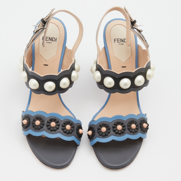 Pre Owned Fendi Multicolor Leather Faux Pearl Embellished Ankle Strap Sandals Size 36