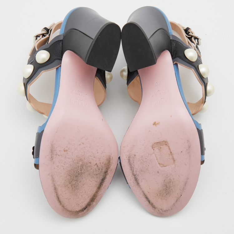 Pre Owned Fendi Multicolor Leather Faux Pearl Embellished Ankle Strap Sandals Size 36