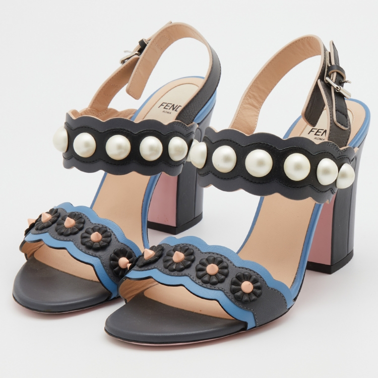 Pre Owned Fendi Multicolor Leather Faux Pearl Embellished Ankle Strap Sandals Size 36