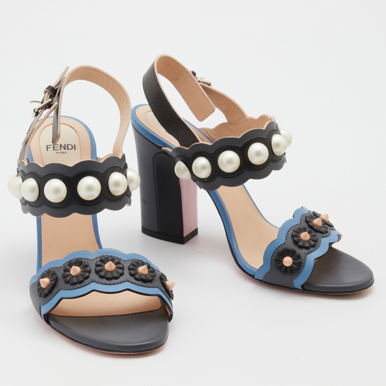 Pre Owned Fendi Multicolor Leather Faux Pearl Embellished Ankle Strap Sandals Size 36