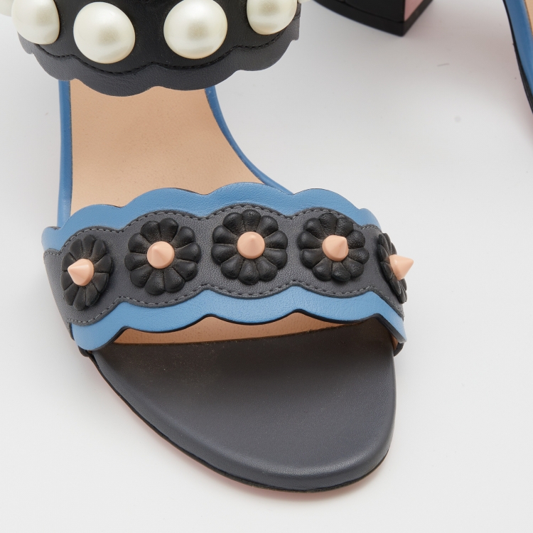 Pre Owned Fendi Multicolor Leather Faux Pearl Embellished Ankle Strap Sandals Size 36