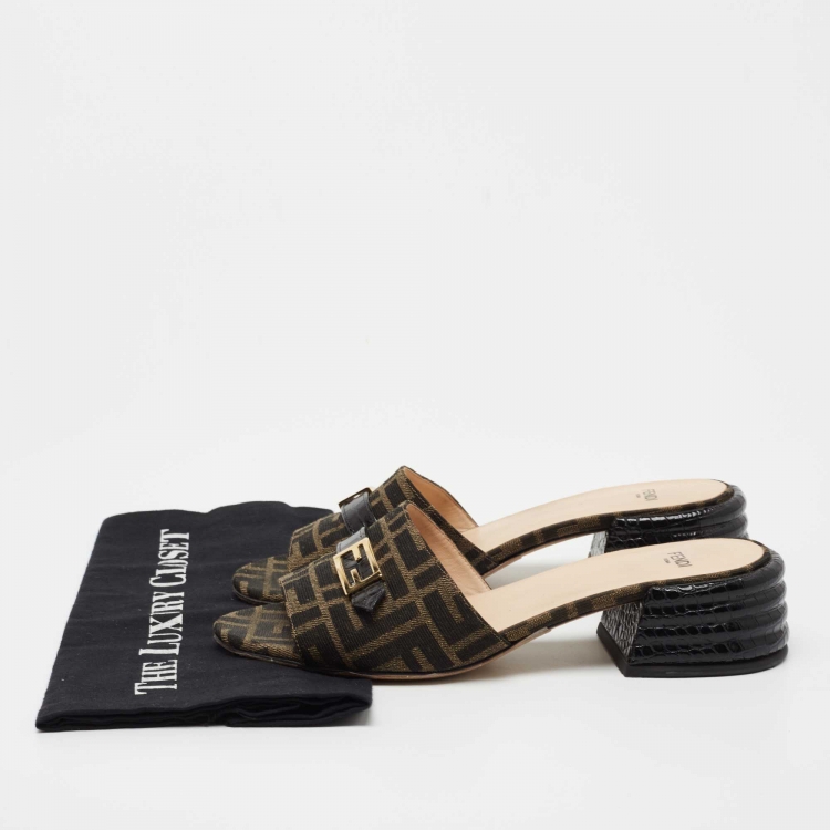 Pre Owned Fendi Brown/Black Zucca Canvas and Leather Block Heel Sandals Size 39