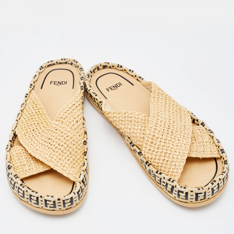 Pre Owned Fendi Beige Raffia Reflection Crisscross Flat Slides Size 41