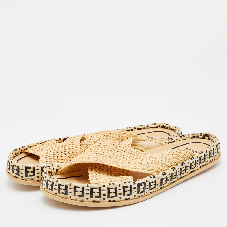 Pre Owned Fendi Beige Raffia Reflection Crisscross Flat Slides Size 41