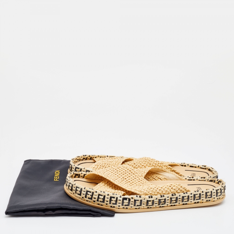 Pre Owned Fendi Beige Raffia Reflection Crisscross Flat Slides Size 41