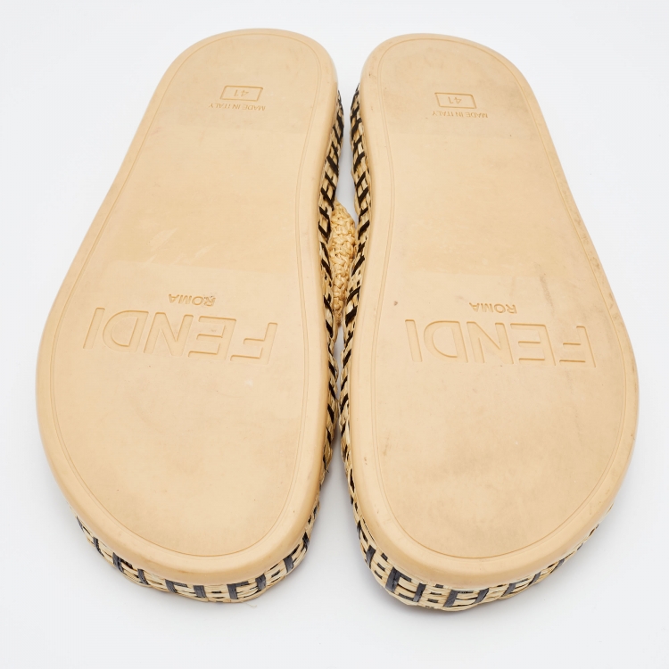 Pre Owned Fendi Beige Raffia Reflection Crisscross Flat Slides Size 41