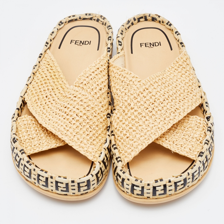 Pre Owned Fendi Beige Raffia Reflection Crisscross Flat Slides Size 41