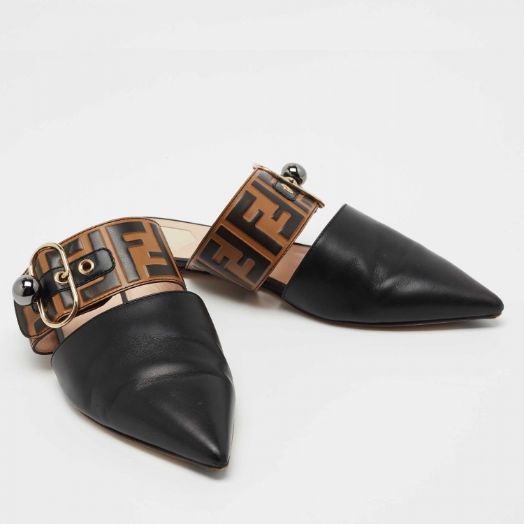 Pre Owned Fendi Black/Brown Zucca Leather Pointed Toe Flat Mules Size 39