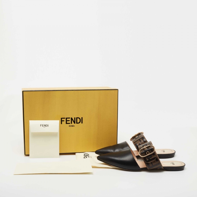 Pre Owned Fendi Black/Brown Leather FF Logo Buckle Mules Size 37